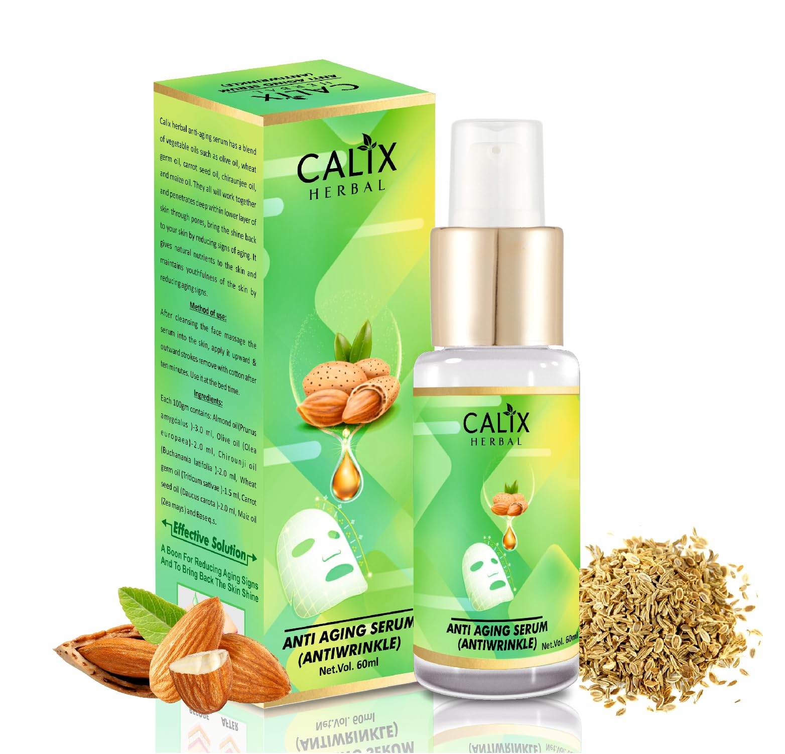 Calix Herbal Organic Ayurvedic Anti-Aging Face Serum for Men & Women – Reduce Wrinkles, Tighten Skin & Brighten Complexion | All Skin Types | 60ml | Perfect for Daily Skincare Routine & Nighttime Anti-Wrinkle Treatment
