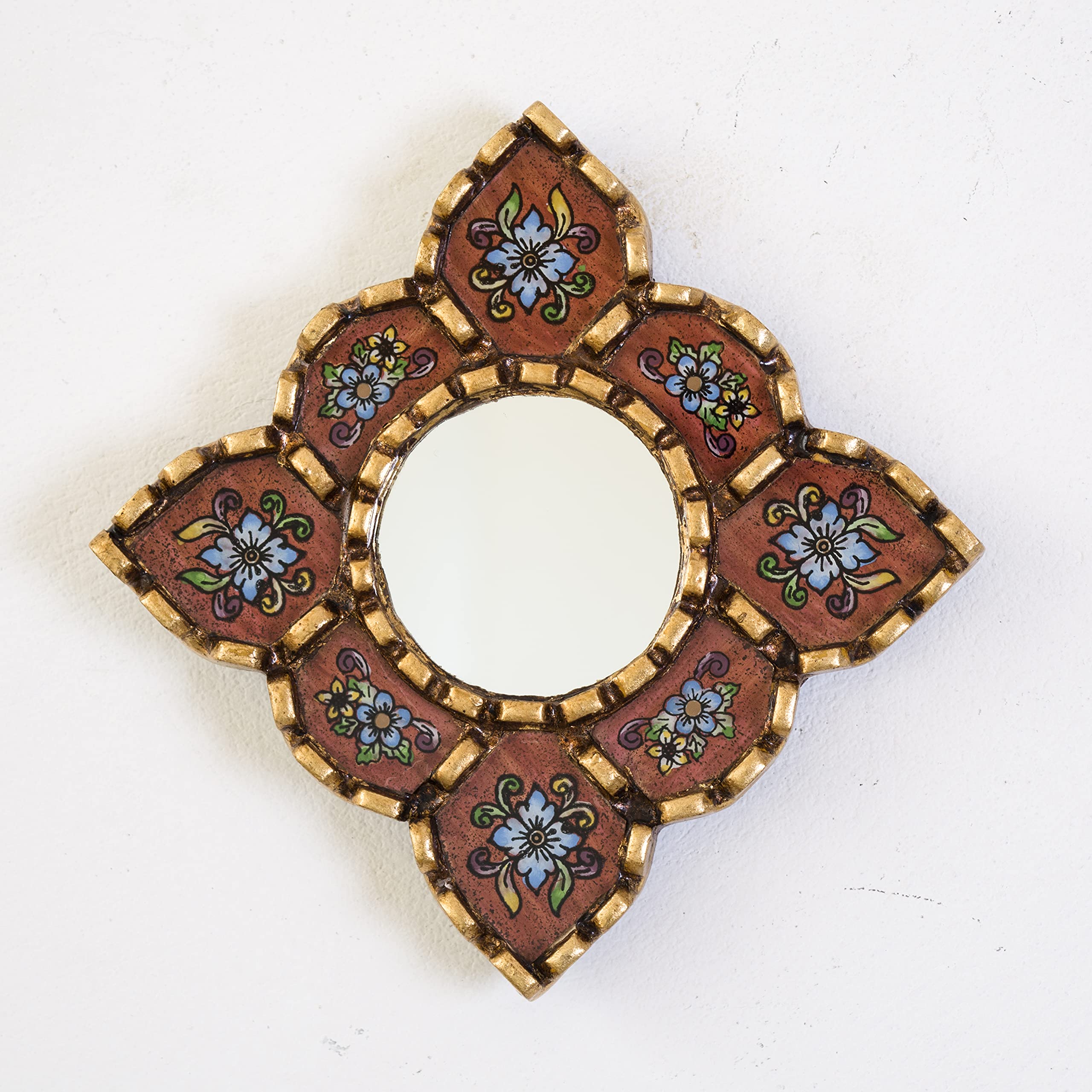 Small Red Square Wall Mirror - Hand-Painted Floral Gold Leaf Wood Accent Mirror for Bedroom & Living Room Decor | Perfect for Boho Home Decor, Entryway Accent, and Vanity Makeup Area