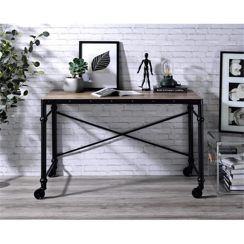 Acme Oklarth Rustic Oak & Black Wooden Rolling Writing Desk - Perfect for Home Office, Study Room & Small Spaces