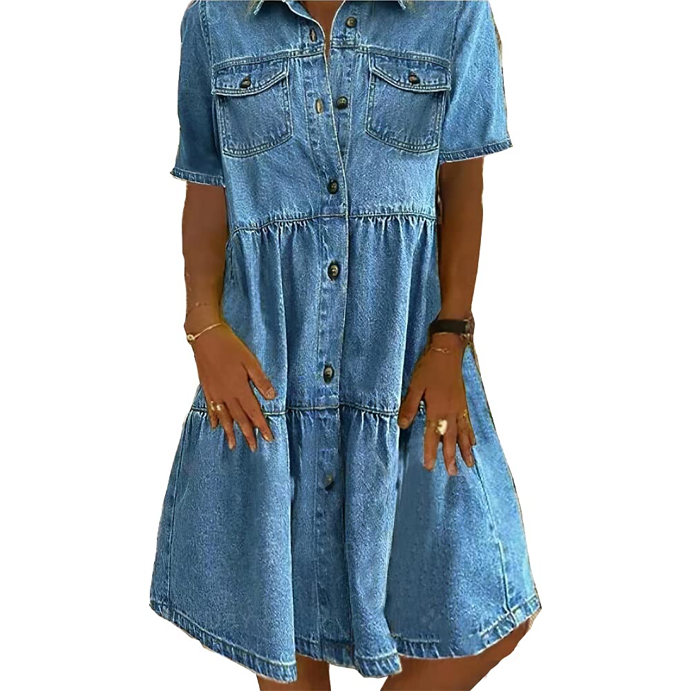 **Akivide Women's Distressed Denim Shirt Dress - Short Sleeve Button Down Casual Midi Dress with Multi-Pockets | Perfect for Spring, Summer, and Casual Outings**