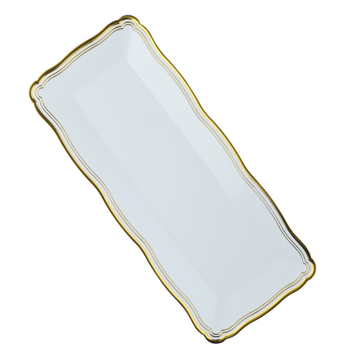 13.75 x 6 Inch White and Gold Rim Rectangle Plastic Serving Tray - Elegant Appetizer, Dessert, and Drink Serving Tray for Parties, Weddings, and Home Decor