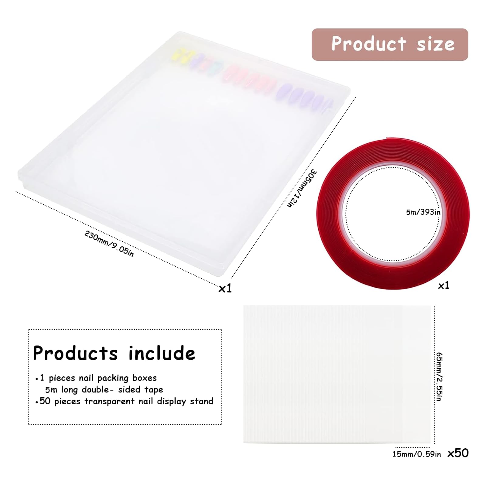 Large Clear Press on Nails Storage Box Set - Empty Acrylic Nail Packaging Organizer with 50 Display Stands & Double-Sided Adhesive Tape - Perfect for Salon Storage, Nail Art Business, and Personal Item Organization