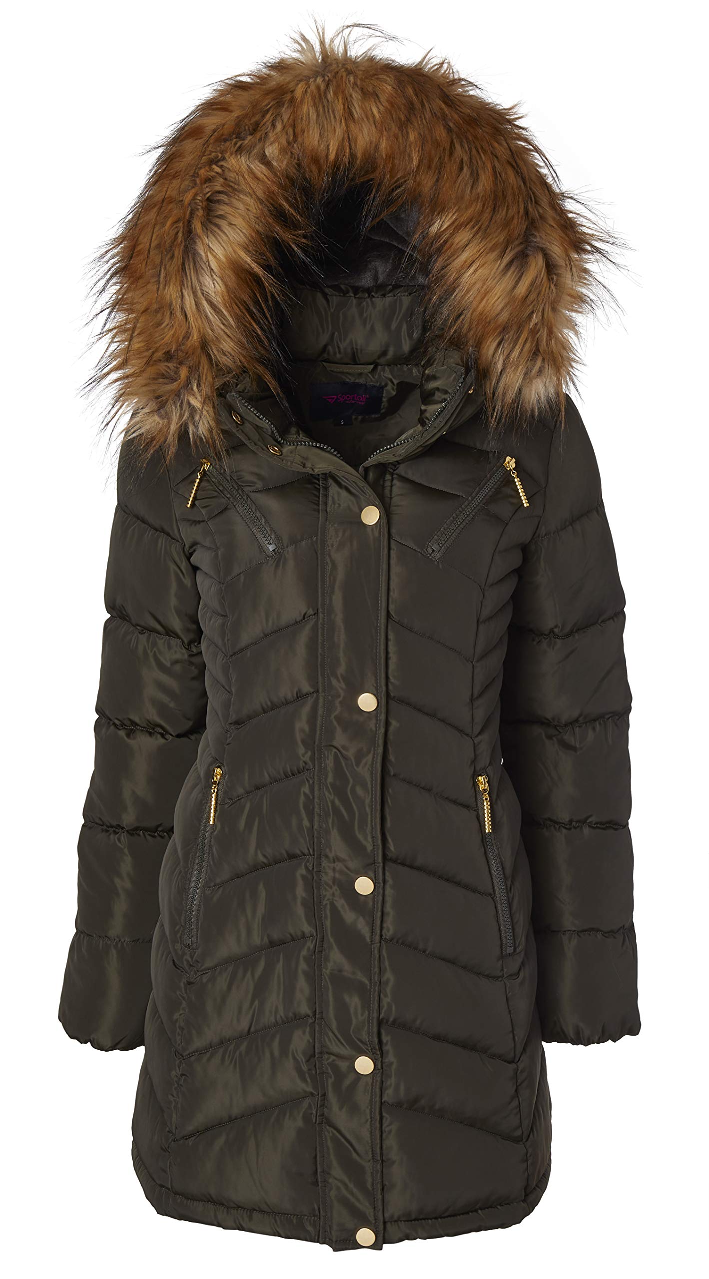 Sportoli Women's Long Quilted Down Alternative Puffer Jacket with Plush Lining & Fur Trim Hood - Warm Winter Coat for Outdoor Activities, Skiing, and Casual Wear