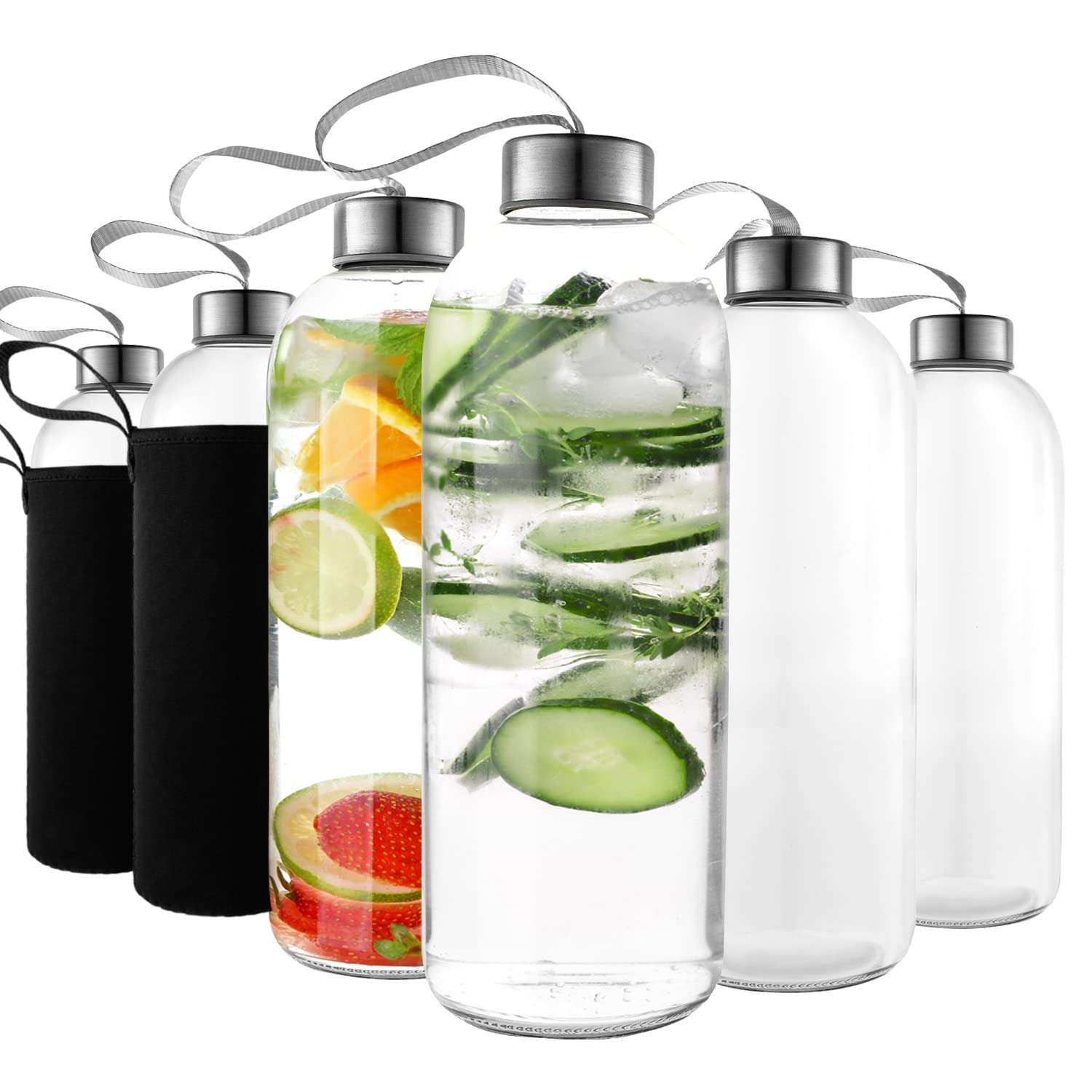 32 oz Glass Water Bottle Set of 6 with Lids & Sleeves - Reusable Clear Glass Juice Bottles for Juicing, Refillable Drinking Bottles - Perfect for Home, Office, Gym & Outdoor Activities