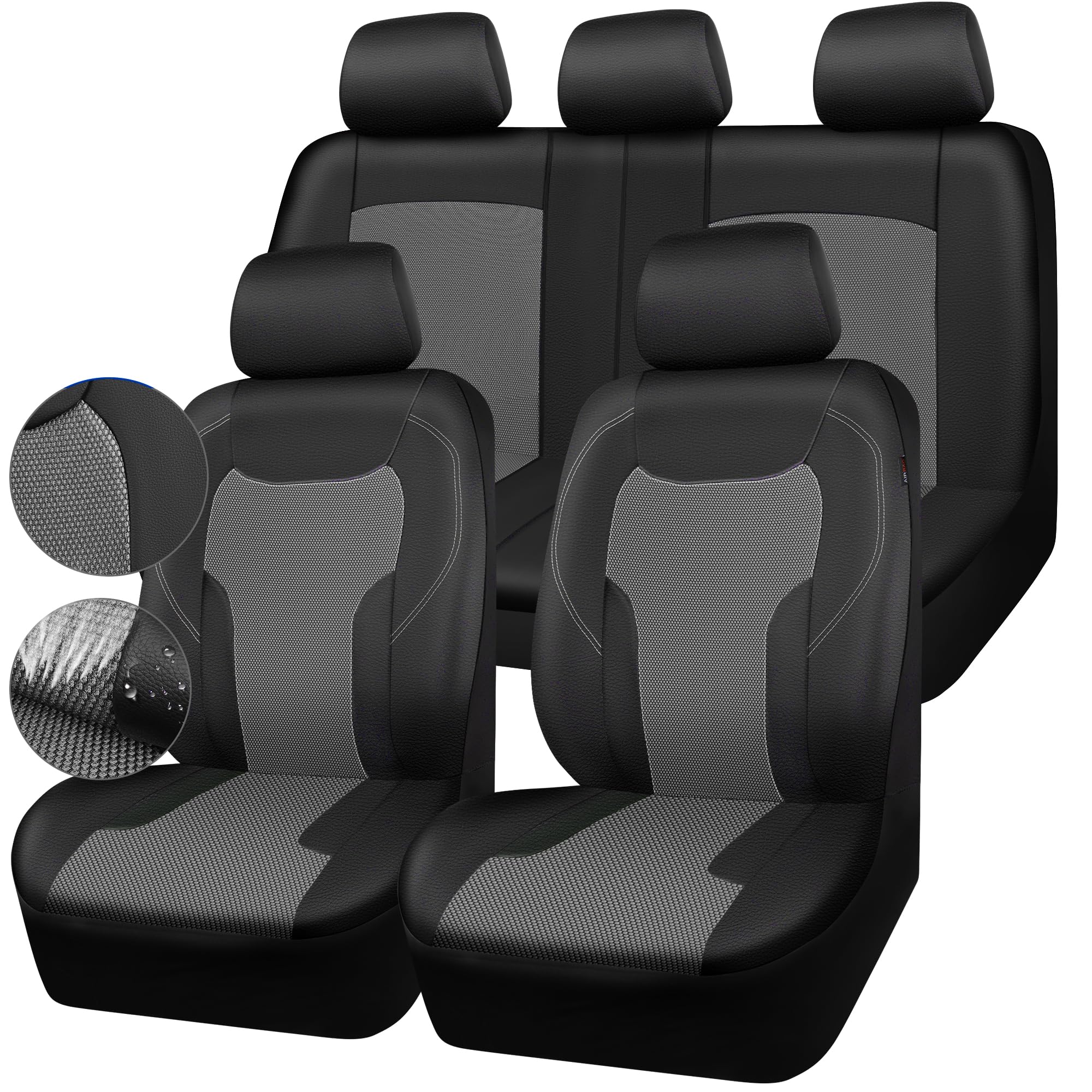 CAR-GRAND Breathable Air Mesh Car Seat Covers - Universal Fit Leather Seat Protectors for Cars, Trucks, SUVs & Sedans | Airbag Compatible, Black & Grey | Perfect for Daily Commute & Road Trips