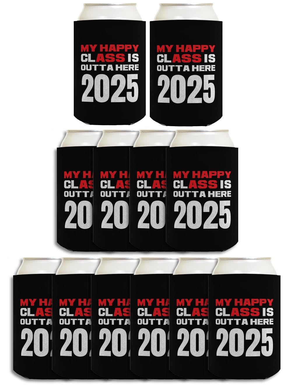 Funny Graduation Gift - 'My Happy Class Outta Here' 2025 Graduation Party Favors - 12-Pack Black Can Coolers for Beer & Soda - Perfect for Graduation Parties, BBQ & Poolside Drinks