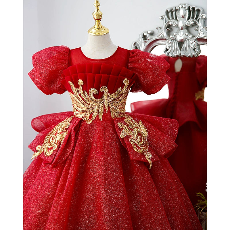 Burgundy Princess Round Floor Length Sequined Flower Girl Dress for Weddings, Pageants & Special Occasions
