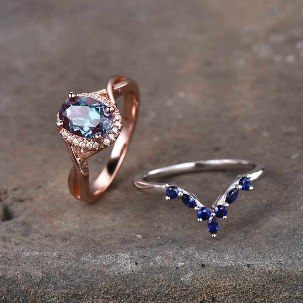 Infinity Alexandrite Engagement Ring Set with Lab Sapphire & Curved Matching Band - 2 Piece Wedding Jewelry Set for Brides, Anniversaries & Special Occasions