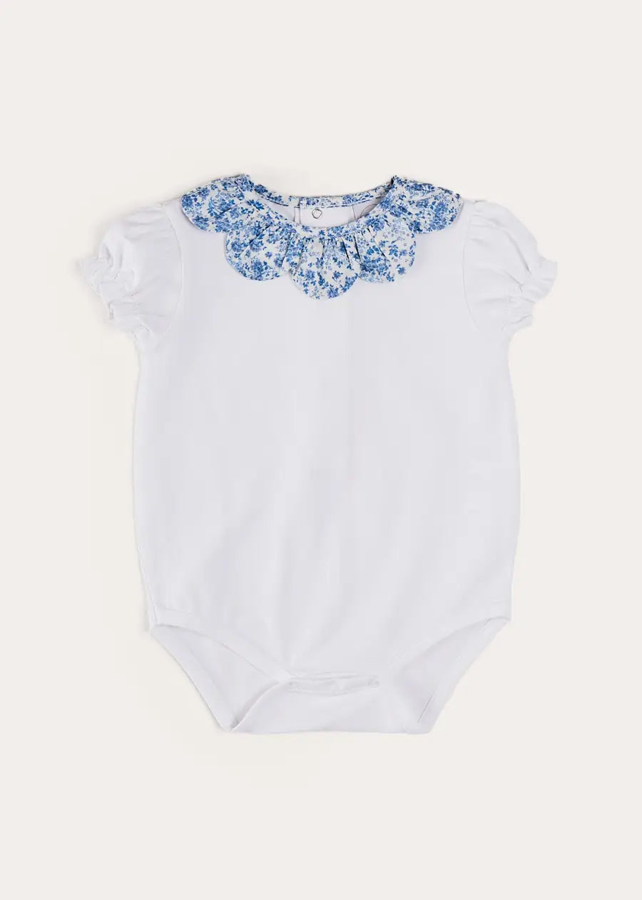 Blue Charlotte Floral Scallop Collar Baby Bodysuit - Short Sleeve Romper for Girls 1-24 Months | Perfect for Spring Photoshoots, Birthday Parties & Casual Outings