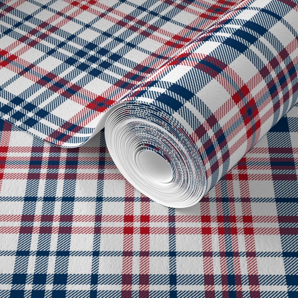 Commercial Grade Spoonflower Wallpaper 27ft x 2ft - Patriotic Plaid Navy Red USA Gingham with Stars & Stripes for July 4th Independence Day Decor | Perfect for Living Room, Bedroom, and Home Office Wall Covering