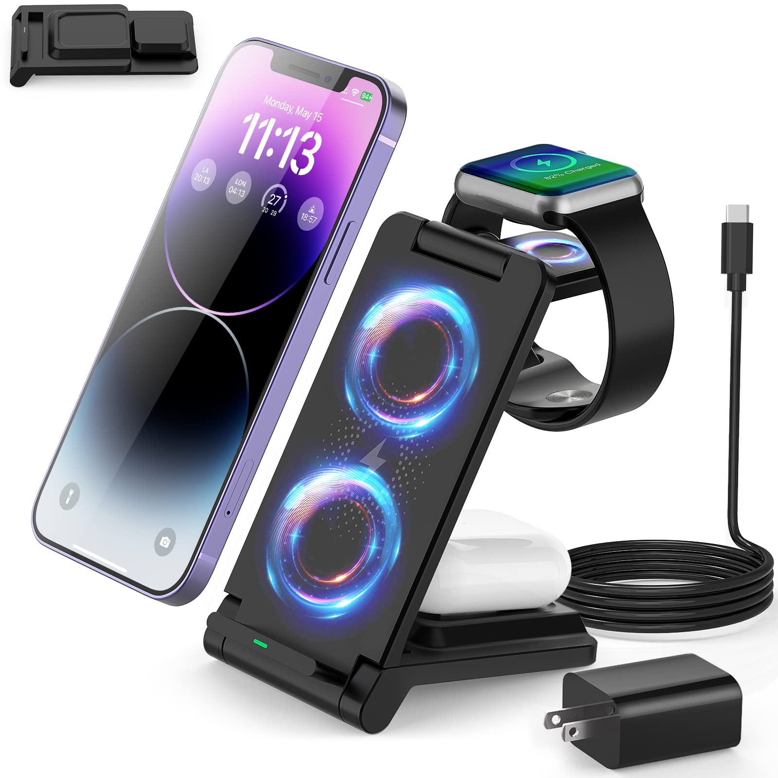 3-in-1 Foldable Wireless Charging Station - 18W Fast Charger for iPhone 16/15/14/13/12 Pro Max & Galaxy S23 - Portable Travel Charger for Apple Watch Series 9/8 & AirPods Pro/4/3/2 - Perfect for Home, Office & Travel Use