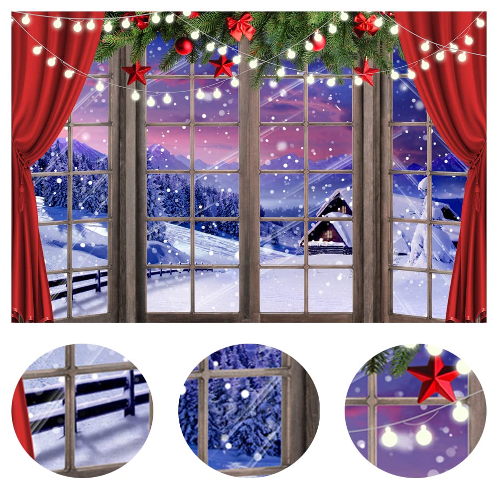 LYCGS 7X5FT Christmas Photography Backdrop - Winter Wonderland Snow Tree with Red Curtains for Xmas Photo Studio Props, Holiday Party Decor, Family Portrait Background (Model X-67)