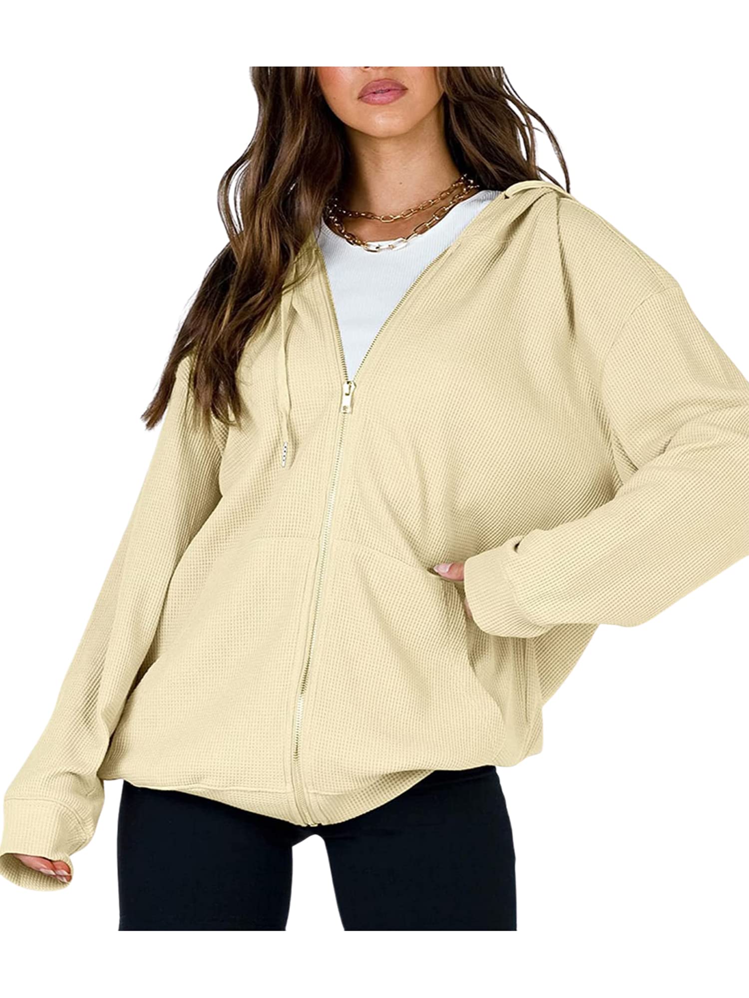 Women's Casual Waffle Knit Zip-Up Hoodie - Solid Color Long Sleeve Oversized Hooded Sweatshirt | Fall Winter Layering Jacket for Streetwear & Loungewear