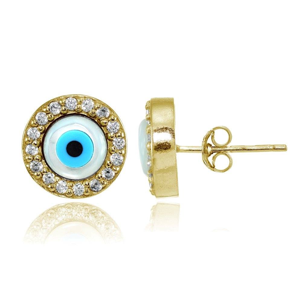 925 Sterling Silver Cubic Zirconia Evil Eye Hamsa Stud Earrings for Women & Men - Blue Enamel Protection Charm Jewelry for Everyday Wear, Gift Giving & Spiritual Wellness