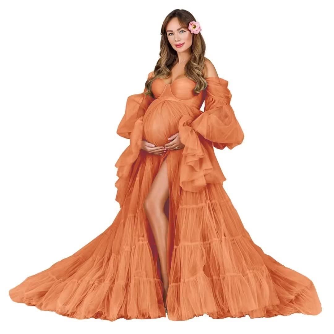 Elegant Women's Tulle Maternity Robe Dress - Puffy Sleeves Long Baby Shower Gown for Pregnancy Photoshoots & Special Occasions | Perfect for Maternity Photos, Bridal Showers, and Formal Events