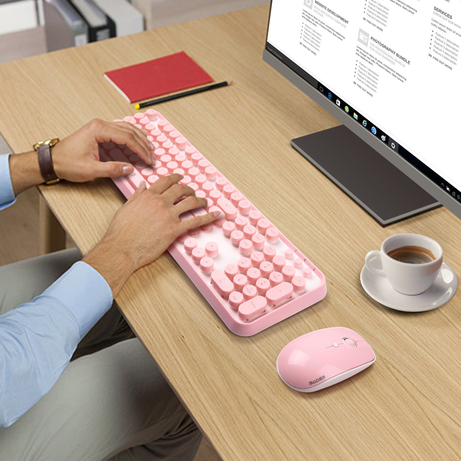 V2020 Pink Wireless Keyboard and Mouse Combo with Round Keycaps, 2.4GHz Stable Connection, Long Battery Life - Cute Wireless Keyboard Set for PC, Laptop, Mac (Pink) - Perfect for Home Office, Gaming, and Typing