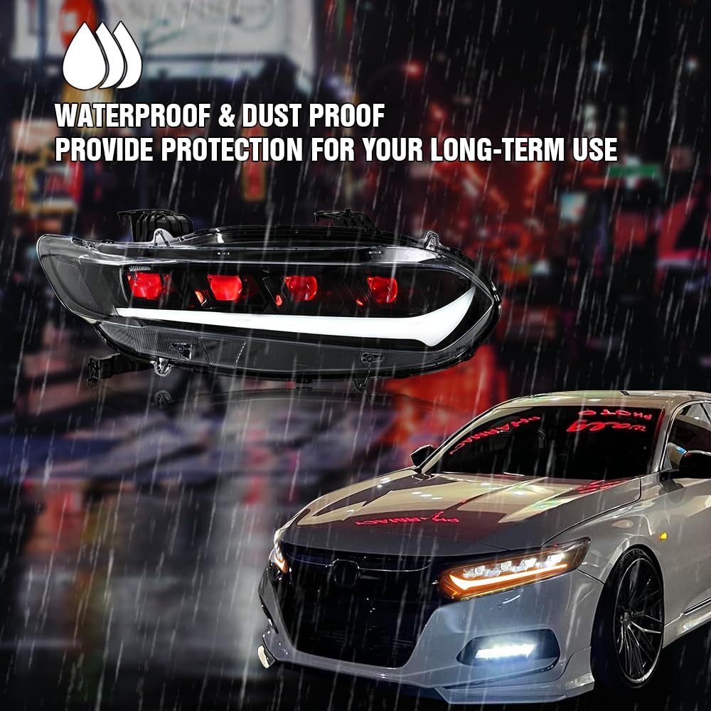 2018-2022 Honda Accord Headlight Assembly - Compatible with Sport EX LX Touring Hybrid Models | 10th Gen Sequential LED Headlamps with Custom Front Replacement | Perfect for Night Driving & Car Upgrades (H2)