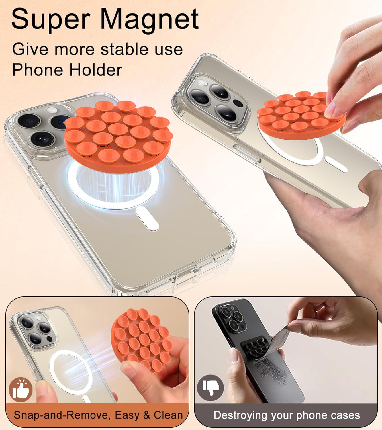 Omee Magnetic Suction Cup Phone Mount - Anti-Slip Hands-Free Silicone Car Phone Holder for iPhone MagSafe Cases, Shower Mirror Mount for Selfies & TikTok Videos (Orange) - Perfect for Driving, Bathroom Selfies & Content Creation