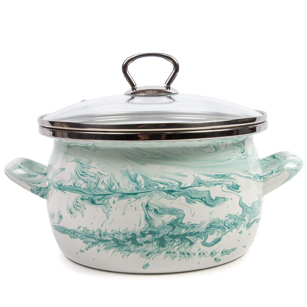 Shake White & Turquoise Enamel Stock Pot with Glass Lid - 5.3 Quart (5L) Enamelware Cooking Pot for Soups, Stews & Pasta - Vintage Style Kitchen Essential for Stovetop & Oven Use