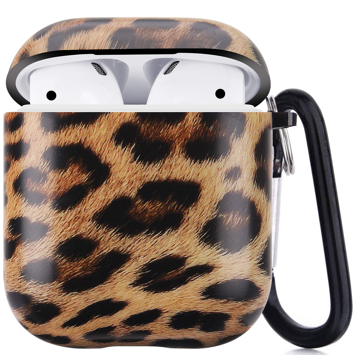iQouda AirPods Case for Apple AirPods 1 & 2 - Cute Leopard Print Protective Cover with Carabiner, Shockproof Dustproof Eco-Friendly Case for Women Men - Perfect for Gym, Travel & Daily Use