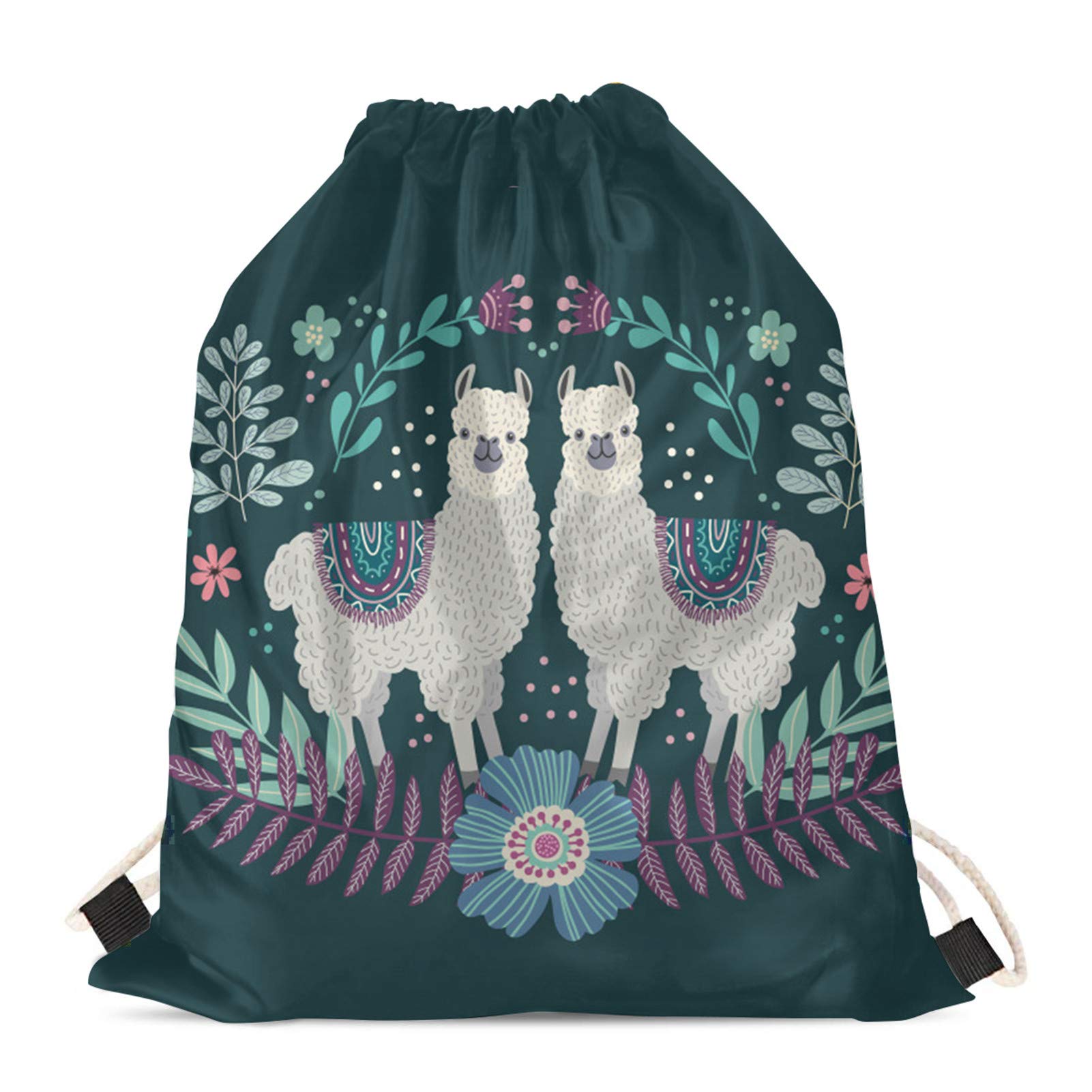 Cute Llama Drawstring Backpack for Girls - Alpaca Floral Design School Sports Shoulder Bag | Perfect for School, Gym, Travel & Outdoor Activities