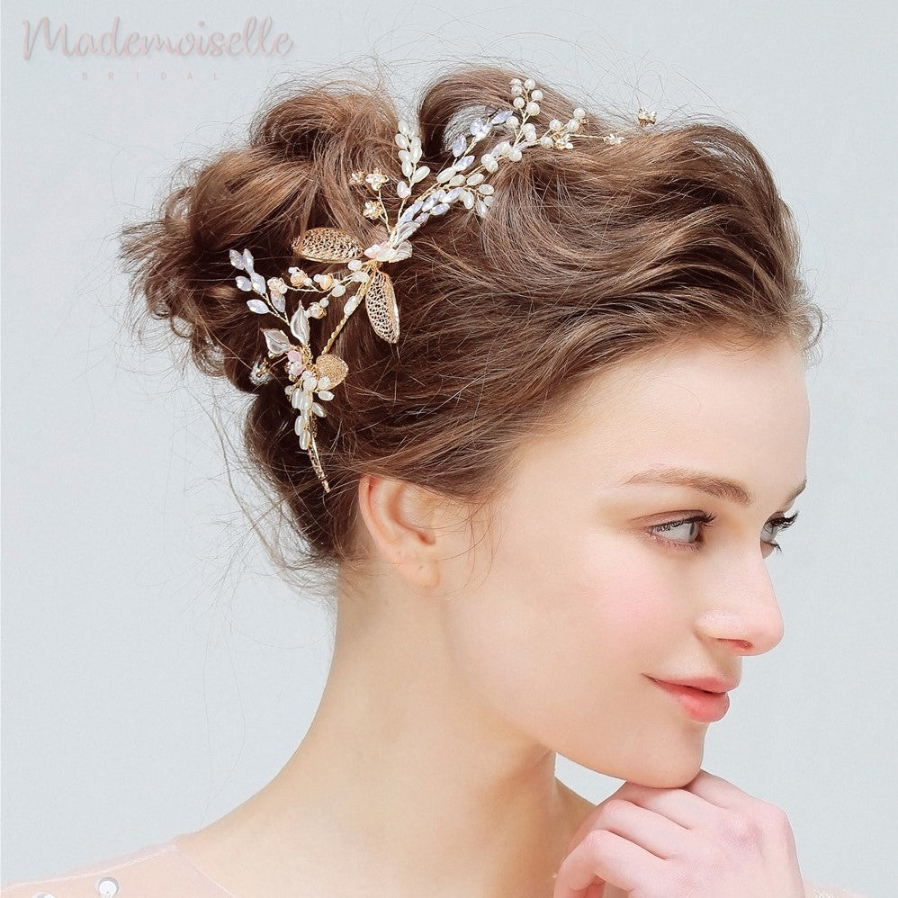 Golden Autumn Pearl Hair Vine - Elegant Bridal Hair Accessory for Weddings, Prom & Special Occasions