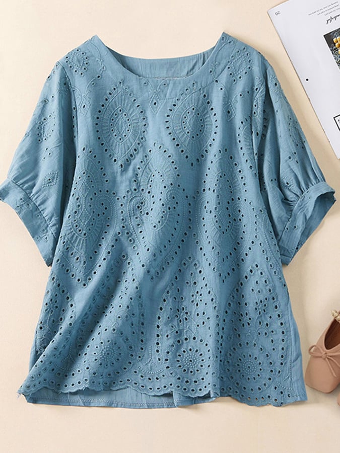Vintage Cotton Embroidered Shirt for Women - Hollow & Solid Design - Boho Chic Blouse for Casual Wear, Date Night & Office Outfits