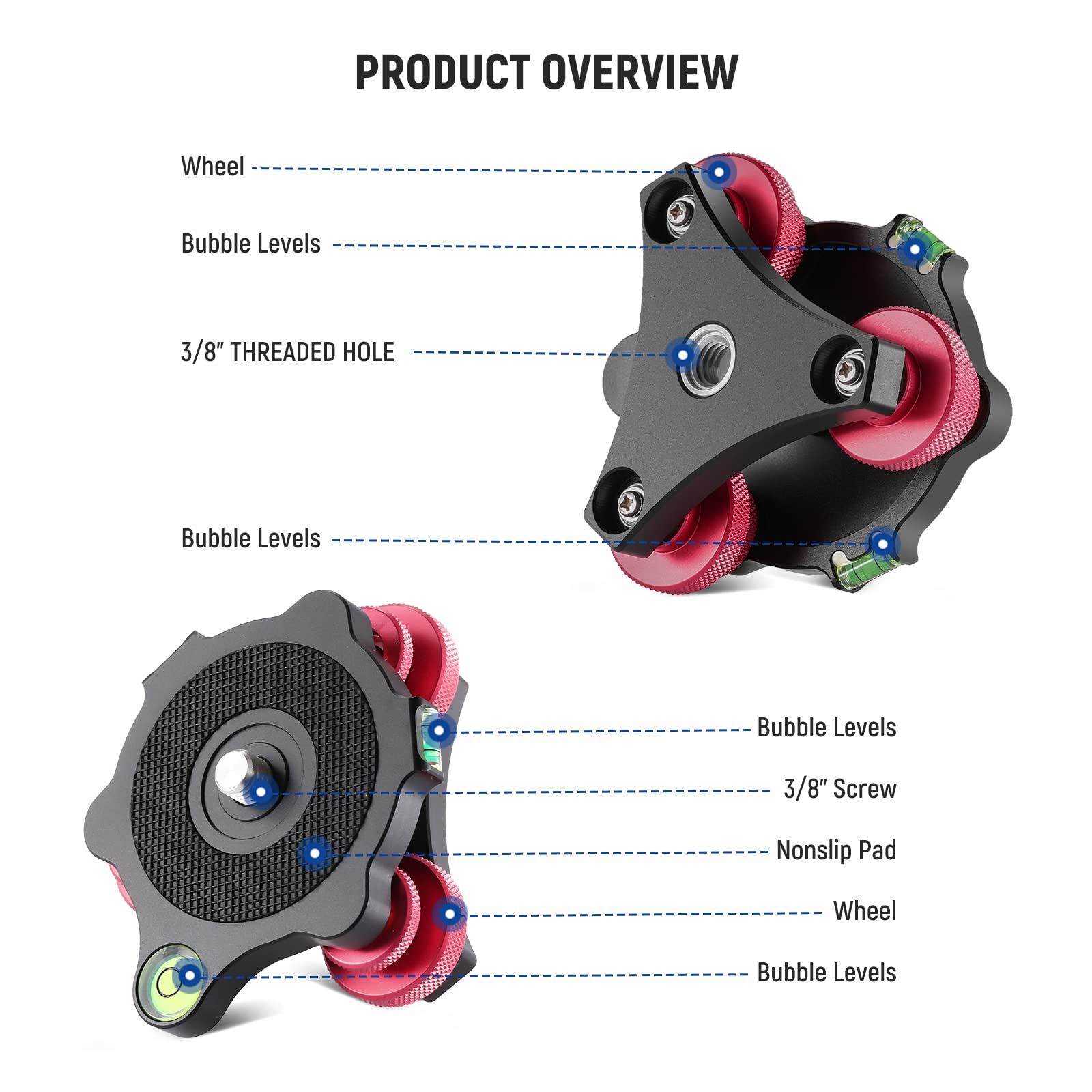 NEEWER 3-Axis Tripod Head Leveling Base - Aircraft Grade Aluminum Alloy, 3/8