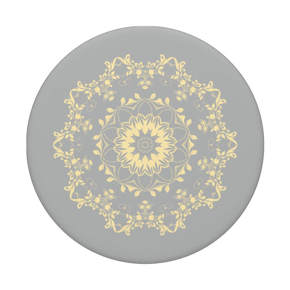 Pale Yellow on Grey Mandala Flower Design PopSocket PopGrip - Swappable Phone & Tablet Grip for Stylish Protection and Easy Handling