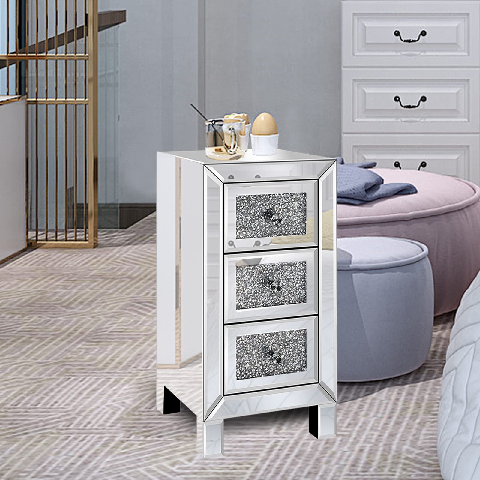 Modern Mirrored 3-Drawer Nightstand with Crystal Knobs - Silver Finish Bedside Table for Bedroom & Living Room Storage