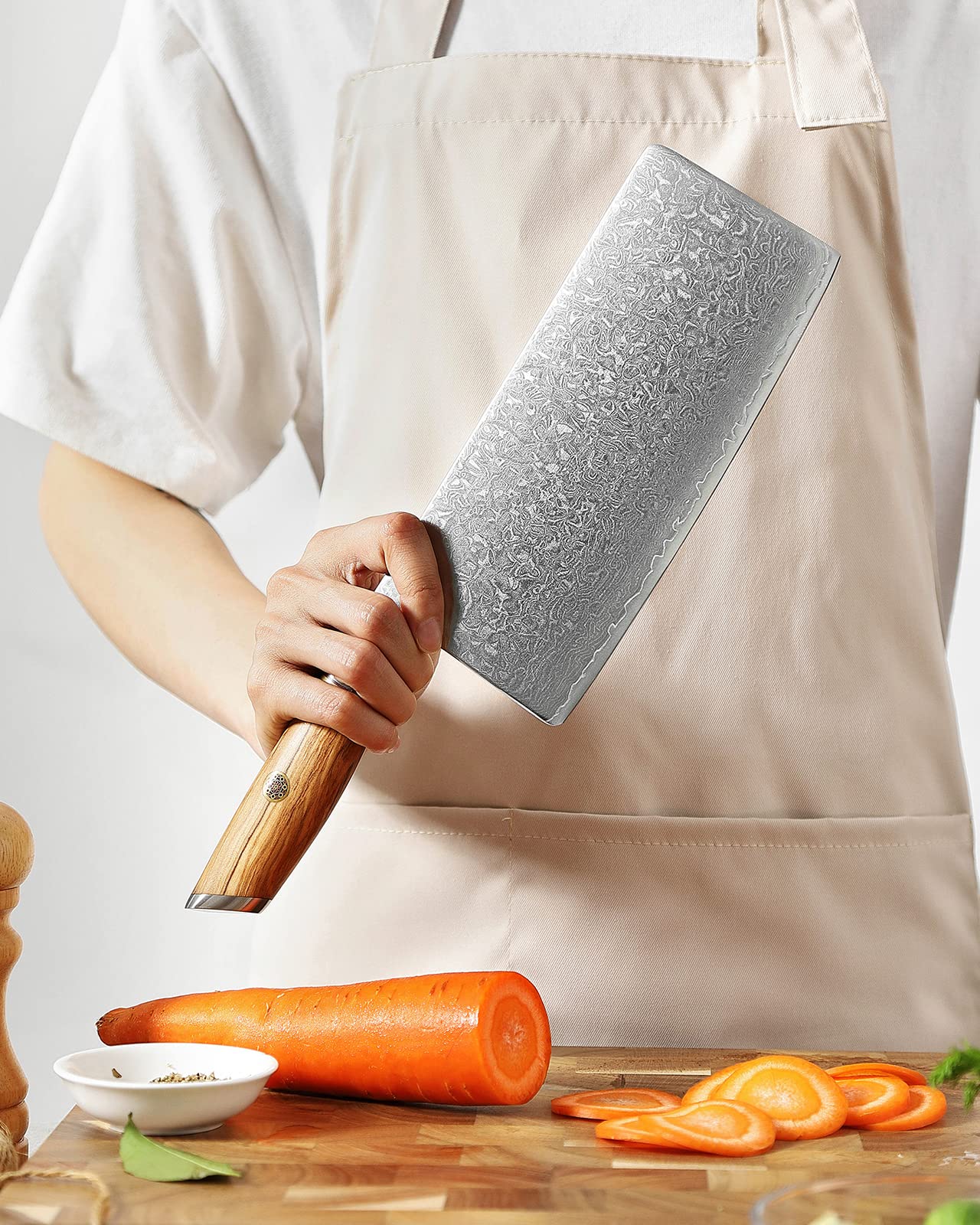 XINZUO 7.5 Inch Damascus Steel Chinese Chef Knife - 73 Layer High Carbon Powder Steel Core, Multi-Purpose Kitchen Cleaver for Meat & Vegetable Cutting with Olive Wood Handle - Perfect for Home Cooking, Professional Kitchens & BBQ Preparation