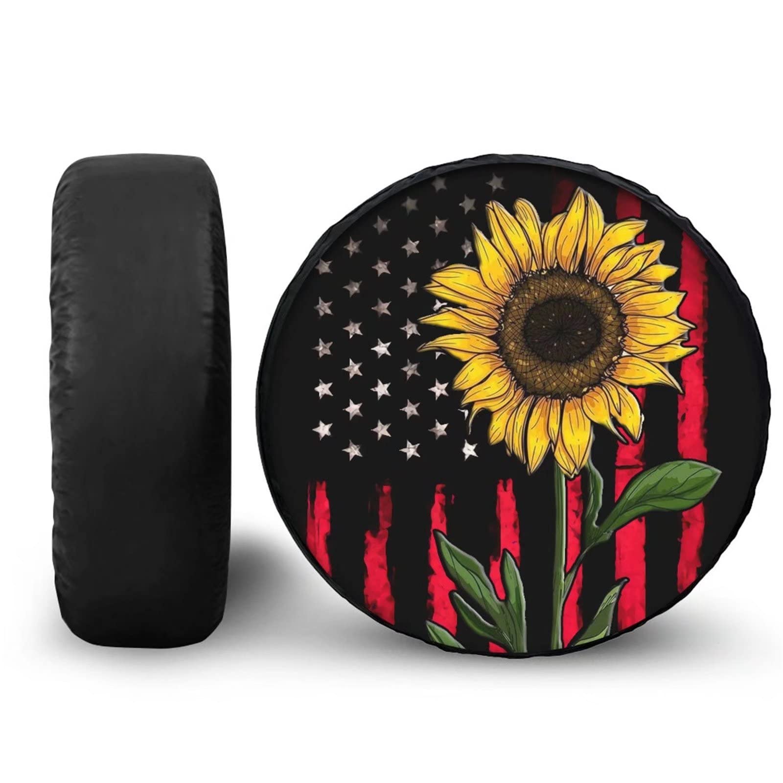 POLERO Red American Flag Sunflower Tire Cover - Spare Wheel Protector with Sunflower Design on USA Flag - Durable Car Accessory for Trucks, SUVs & RVs - Perfect for Road Trips & Patriotic Events