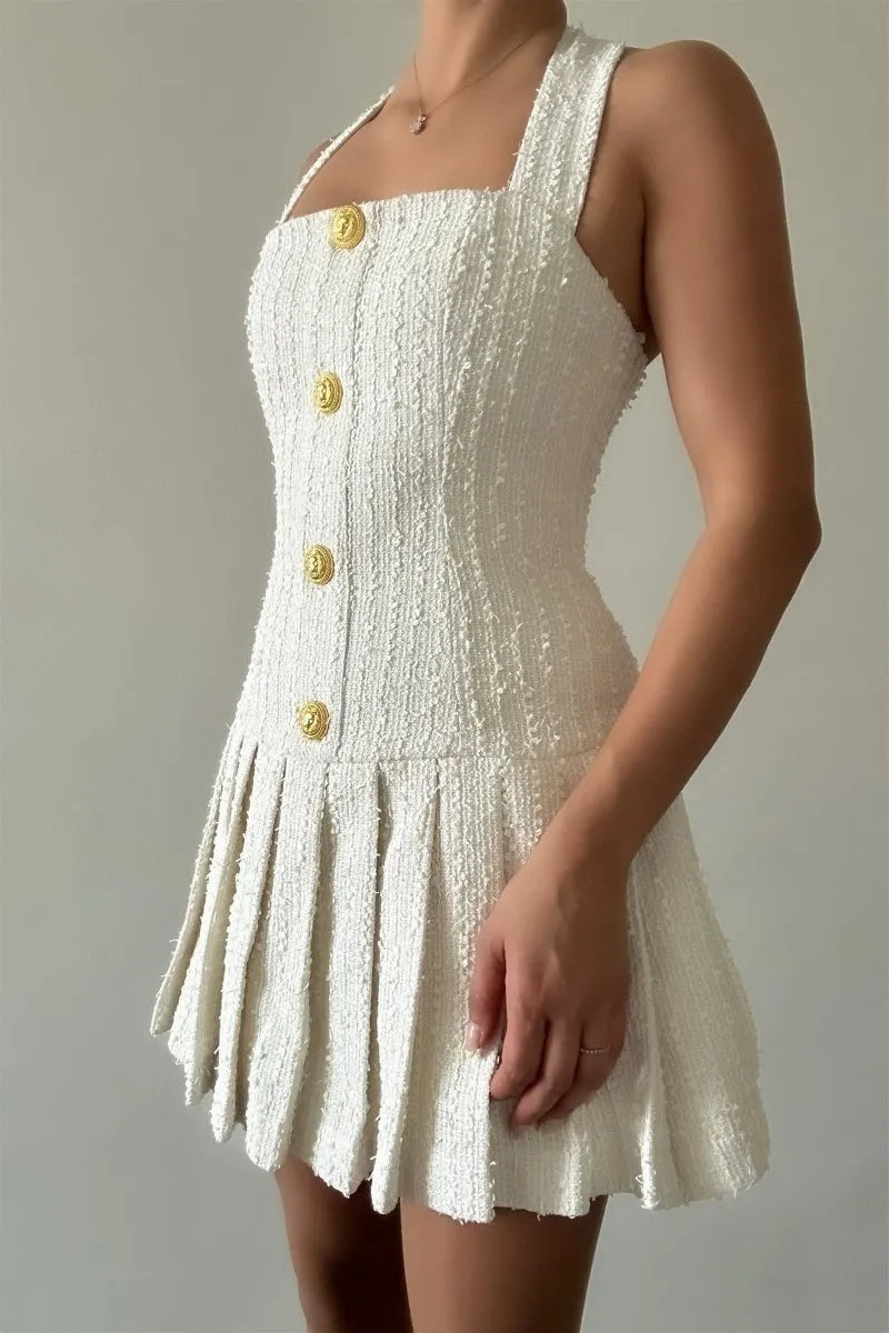Christine Halterneck Tweed Mini Dress for Women - Elegant Vintage Style Party Cocktail Dress for Night Out, Date Night, and Special Occasions