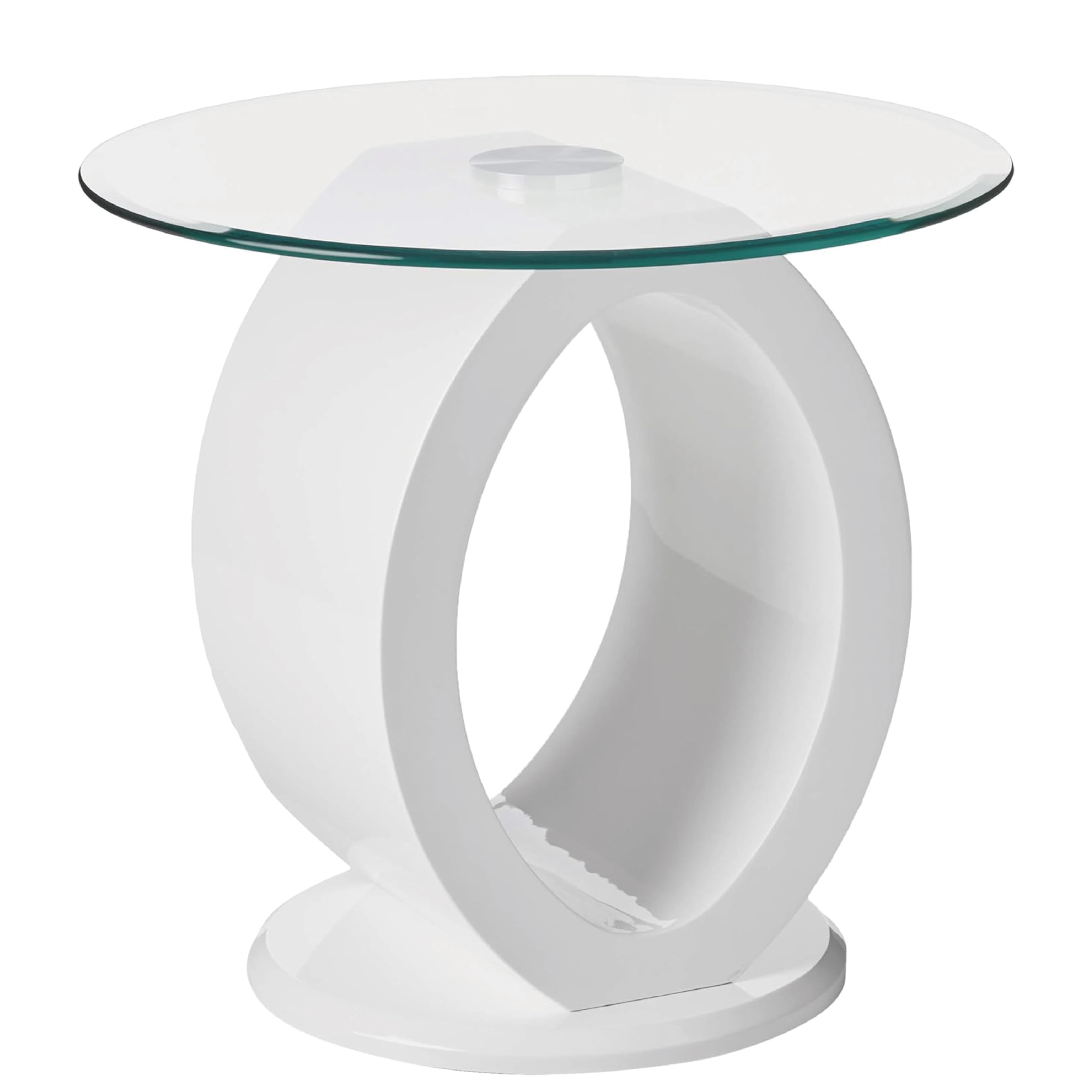 Furniture of America Stolly Contemporary Round Accent Side Table - Modern Glass End Table with Beveled Tempered Glass & O-Shaped High Gloss Pedestal - Perfect for Living Room, Bedroom, Home Office Decor - White