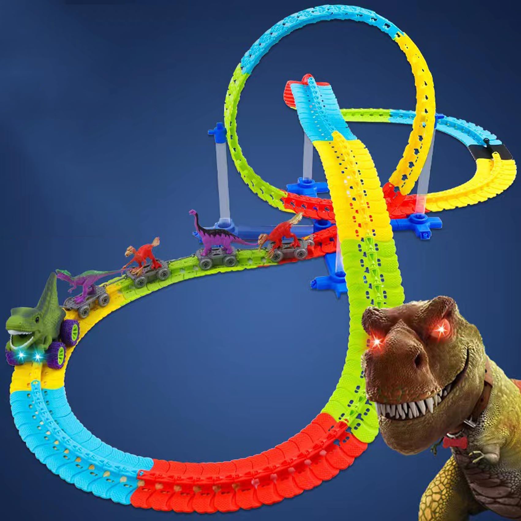 Dinoswift Anti-Gravity Dinosaur Car Toy Set - 192PCS LED Light-Up Race Track with Changeable Tracks - STEM Educational Toys for Kids Ages 3+ - Perfect for Birthday Gifts & Indoor Racing Games