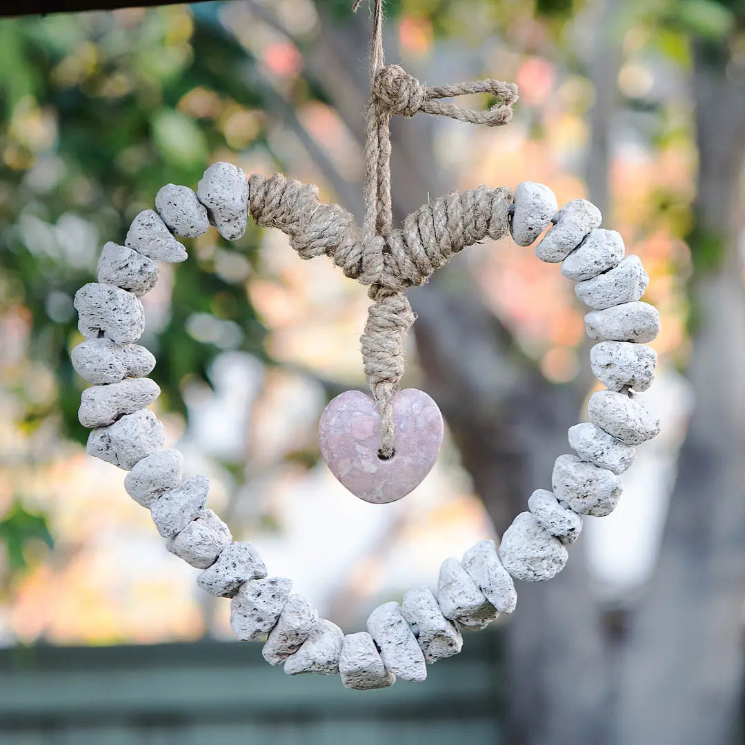 Feather Rock Heart Wreath with Stones - Elegant Home Decor for Valentine's Day, Weddings & Wall Hanging | Rustic Bohemian Style Gift for Her