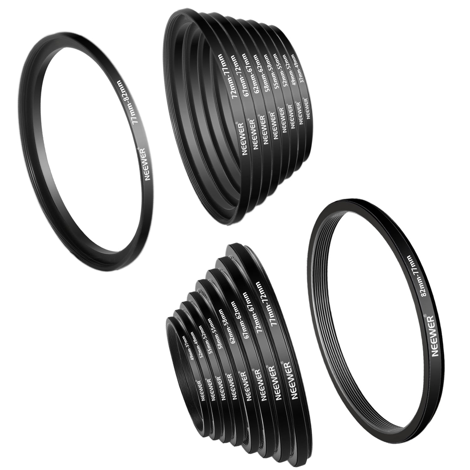 NEEWER 18-Piece Metal Camera Lens Filter Adapter Ring Kit for DSLR & Mirrorless Cameras - Perfect for Photography, Videography & Professional Shooting