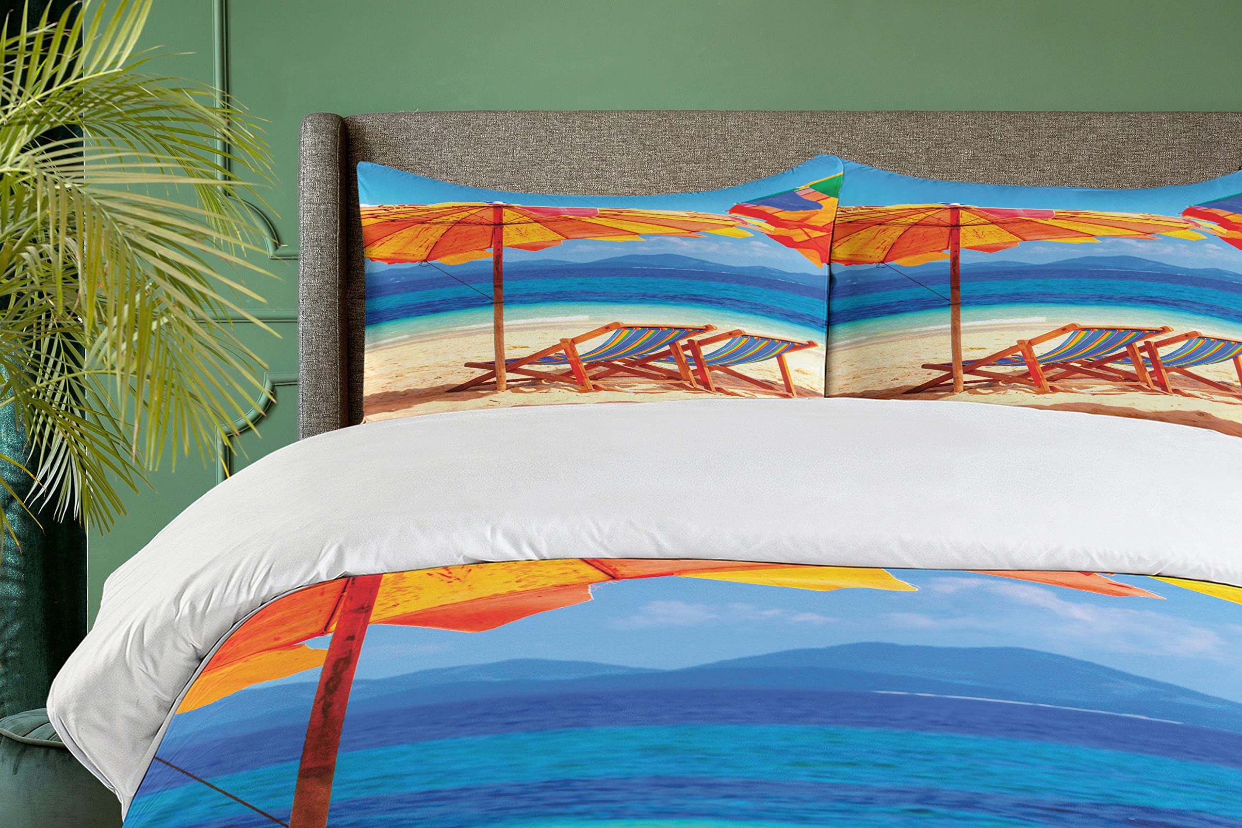 Ambesonne Tropical Beach Duvet Cover Set - 3 Piece California King Bedding with 2 Pillow Shams, Orange & Blue Coastal Decor - Perfect for Beach House, Vacation Rental & Tropical Bedroom Themes