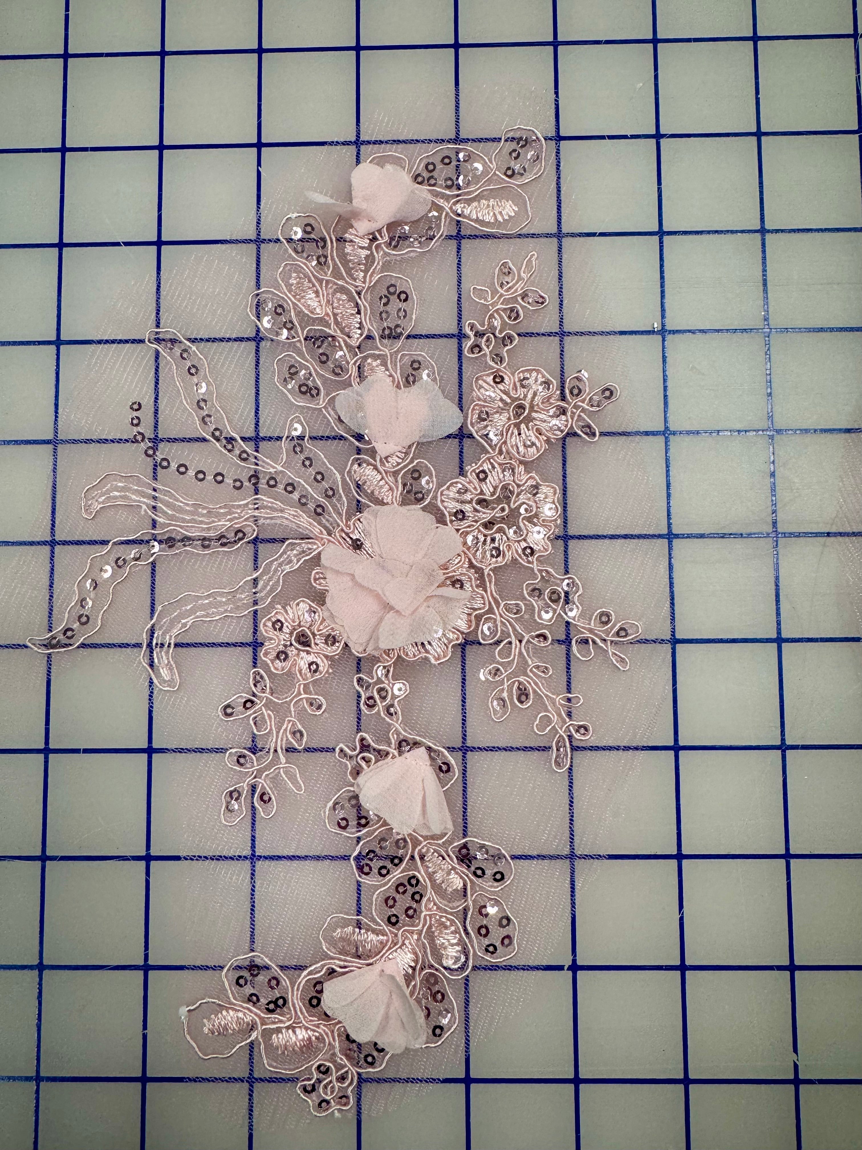 3D Rose Pink Sequined Embroidered Appliques - Elegant Corded Motif Pairs for DIY Wedding Dresses, Home Decor, and Craft Projects