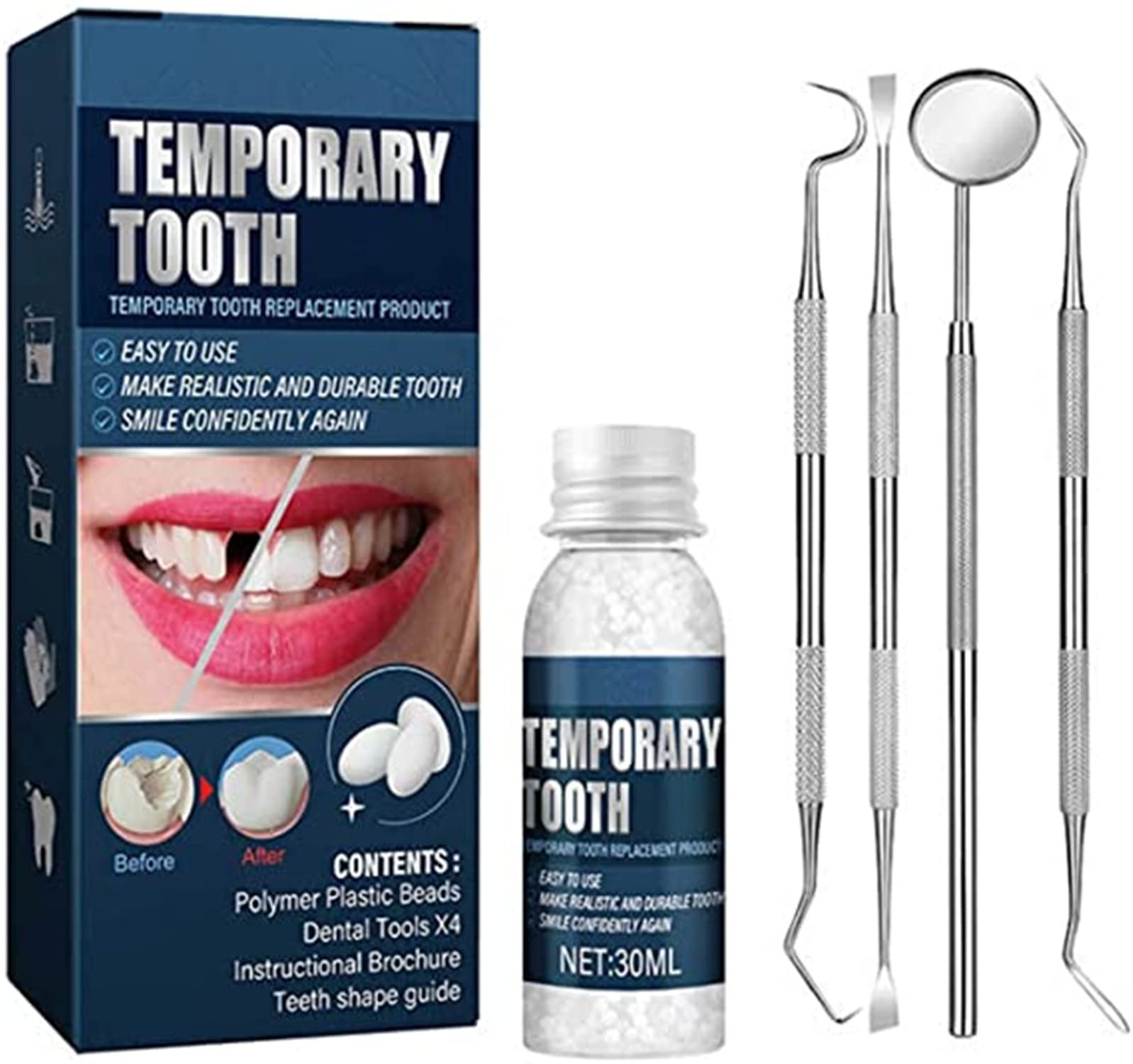 Temporary Tooth Repair Kit - Dental Mirror, Probe & Thermal Beads for Missing & Broken Teeth - Restore Confident Smile - Perfect for Travel, Emergencies & Quick Fixes (1pc)