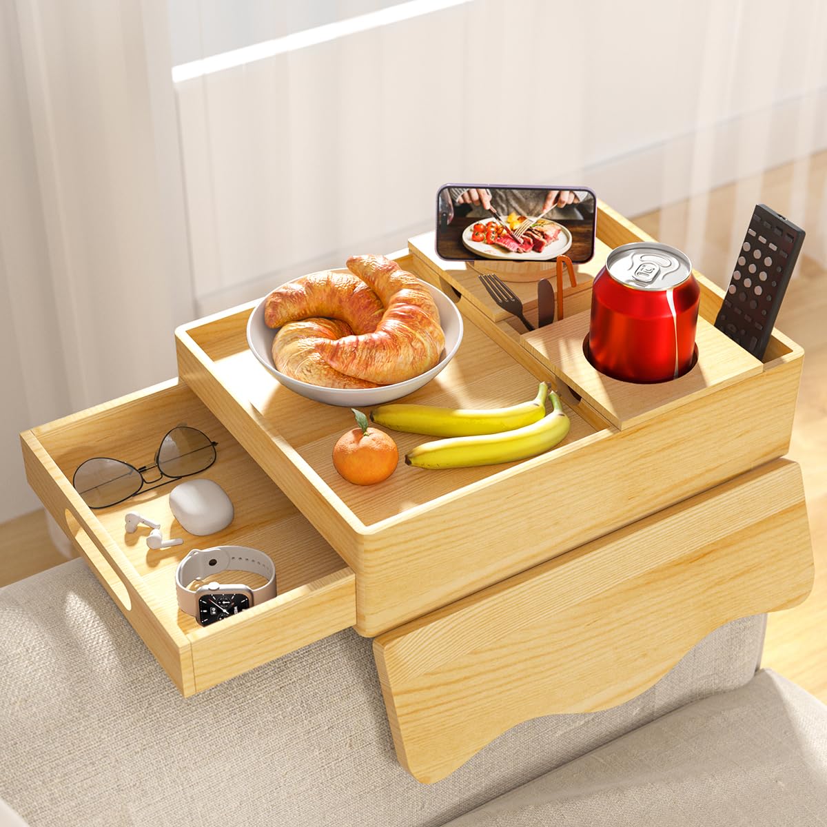 7-in-1 Couch Cup Holder Tray with Swivel Phone Stand & Push-Pull Drawer - Clip-On Sofa Side Table Organizer for Drinks, Snacks, Remote Control - Perfect for Living Room, Bedroom & Home Theater Relaxation