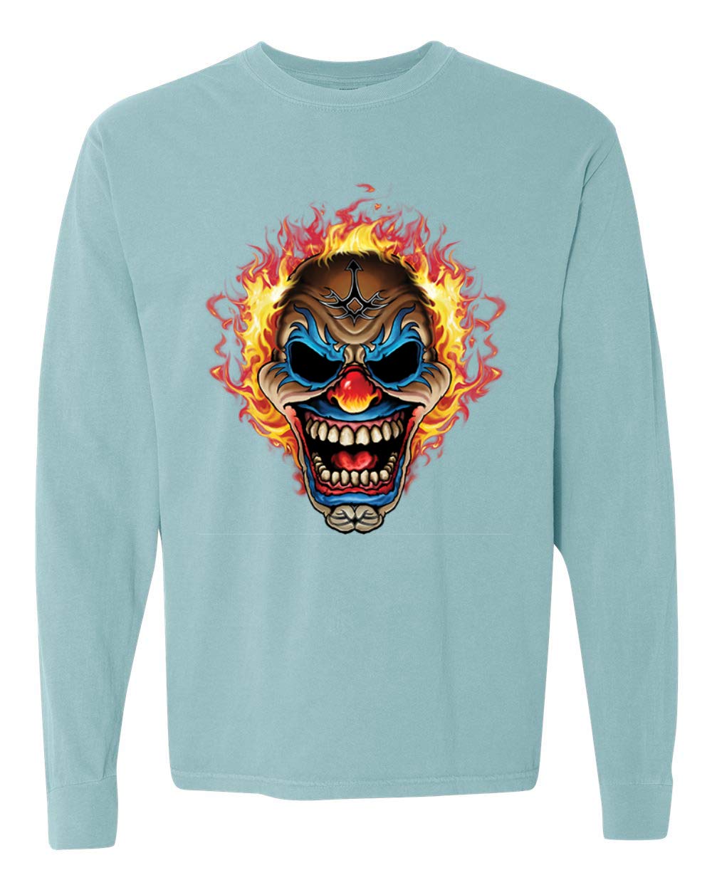 Wild Bobby Flaming Laughing Fierce Clown Graphic Streetwear T-Shirt | Garment-Dyed Long Sleeve Tee with Washed Look | Perfect for Halloween Costumes, Cosplay & Alternative Fashion