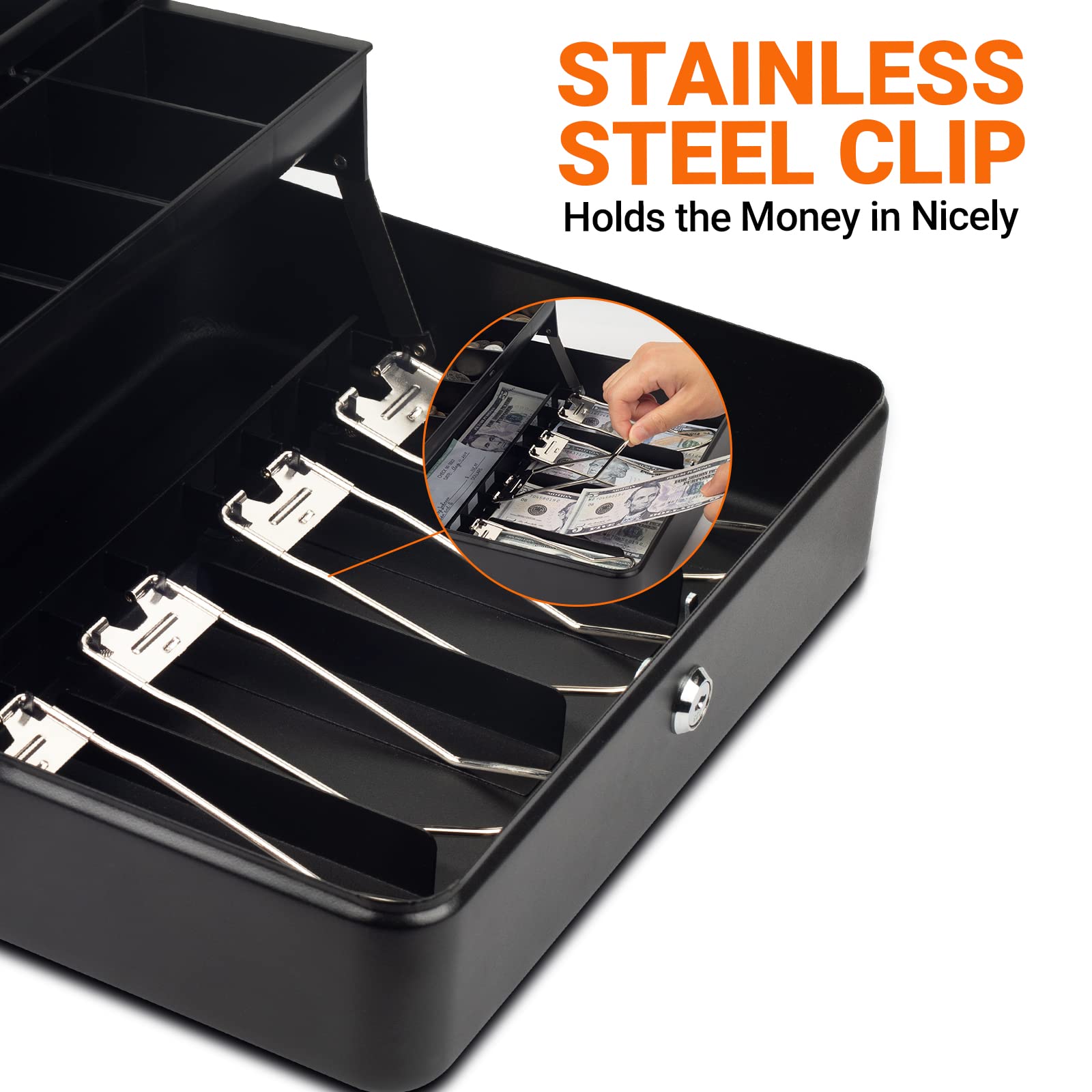 Tera Cash Box with Key Lock - Large Anti-Theft Money Safe Box with 4 Bill & 5 Coin Trays (11.8x9.4x3.5 Inches) - Secure Storage for Small Business, Home, Yard Sales & Retail Stores - Durable Design with Rounded Corners