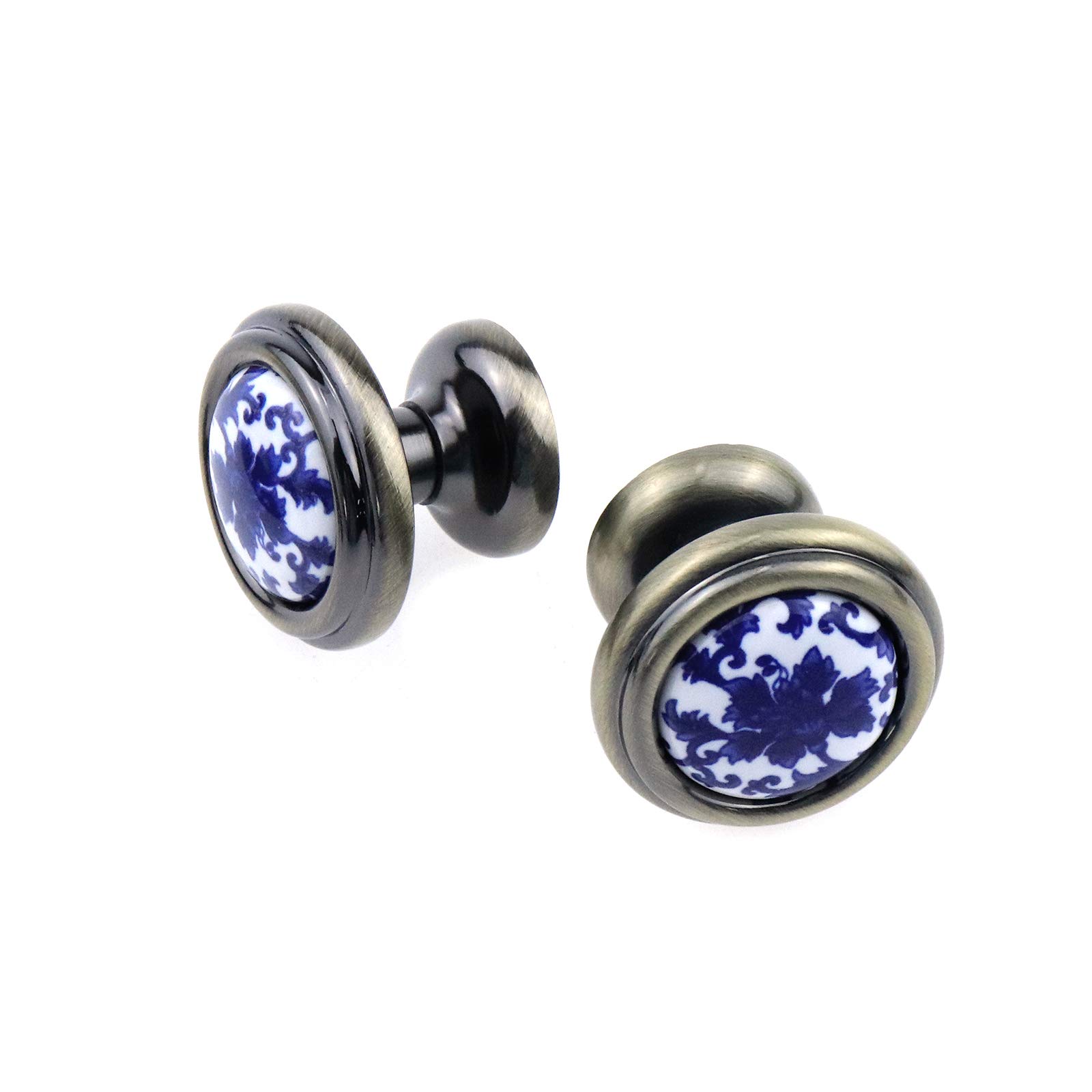 Antique Bronze Blue Floral Ceramic Knobs - Pack of 4 for Cabinets & Drawers