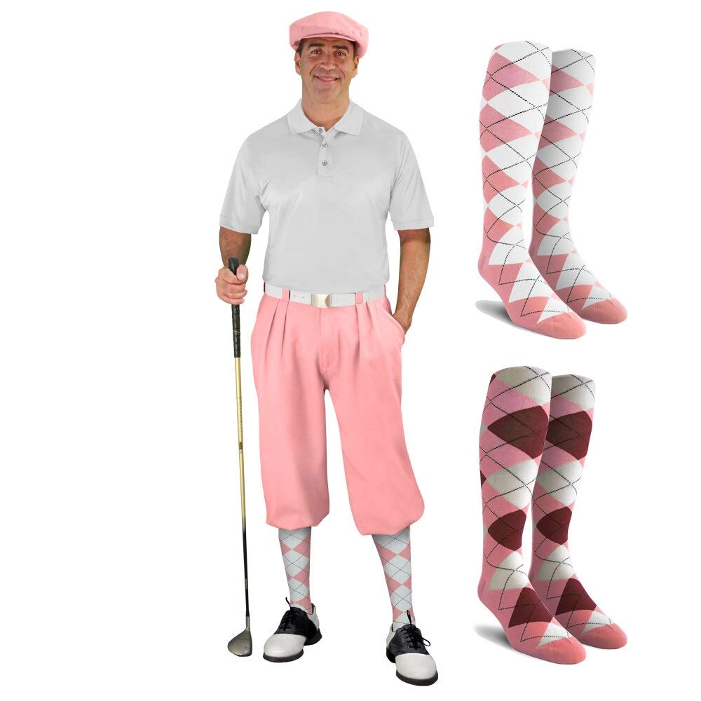 Men's Stylish Pink Golf Outfit Set - Matching Knickers, Cap & 2 Over-The-Calf Socks for Comfortable Golfing | Perfect for Golf Tournaments & Casual Play