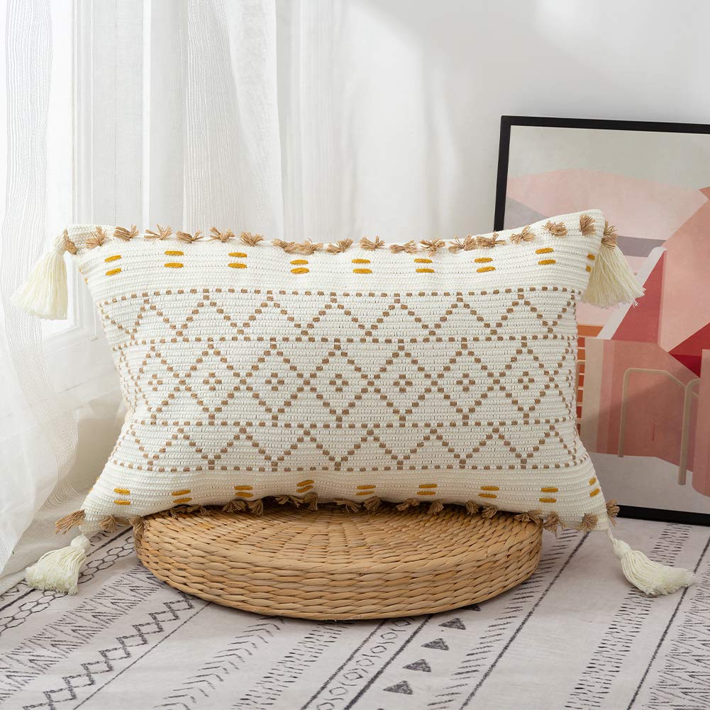 Bohemian Woven Tufted Throw Pillow Cover with Tassels - 12x20 Inch Light Coffee Decorative Cushion Case for Sofa, Couch, Bed & Living Room - Farmhouse Style Home Decor Accent Pillow