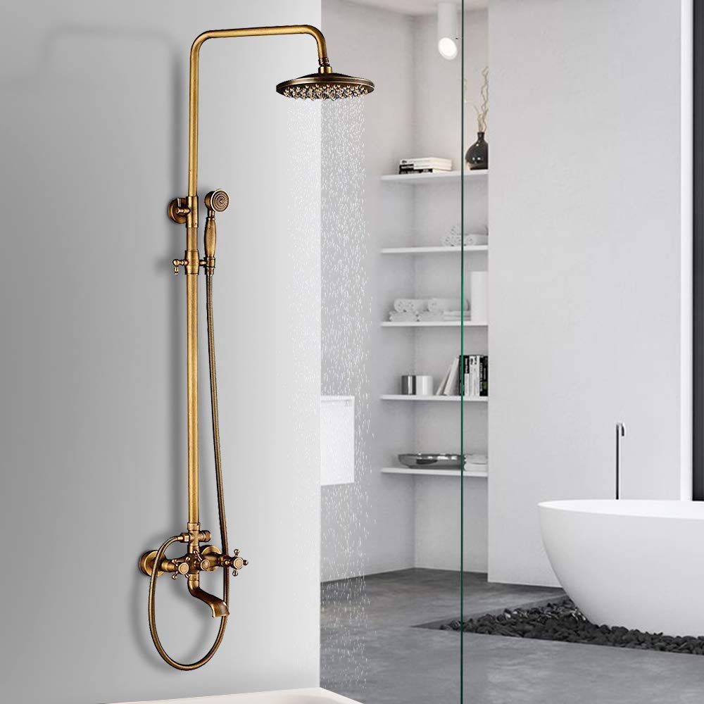 Antique Brass 8-Inch Rainfall Shower System - Wall-Mounted Dual Cross Handle Bathtub Shower Mixer Tap with Hand Sprayer - Perfect for Modern & Vintage Bathroom Designs