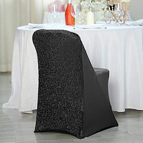 SUPER BINGO Black Spandex Folding Chair Covers with Glittered Metallic Back - Elegant Party Decorations for Weddings, Birthdays & Special Events - DFAO-2-Z809