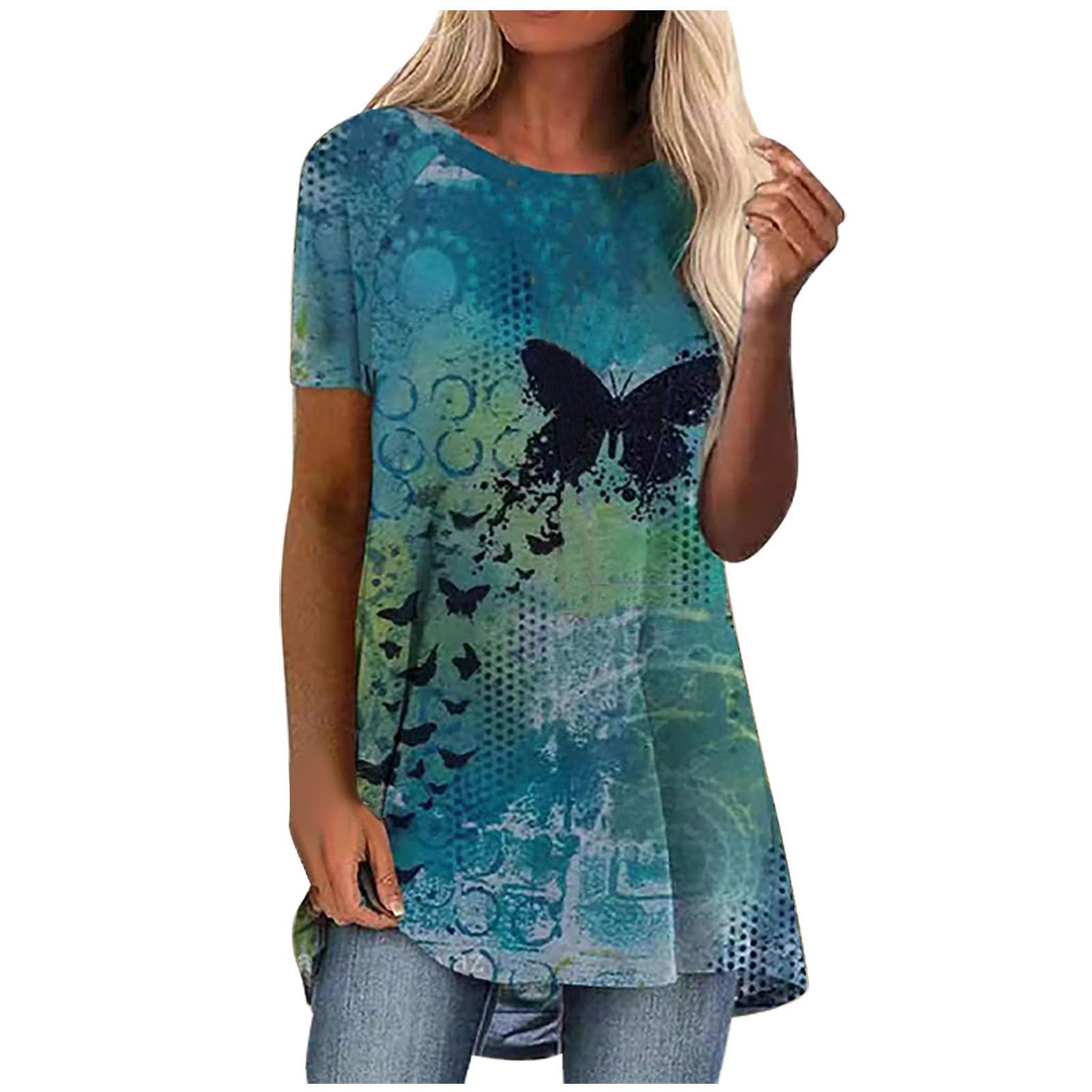 Plus Size Women's Summer Tunic Tops - Flowy O-Neck Printed Short Sleeve Blouse for Casual Wear | Perfect for Beach Outings, Vacation Dresses & Everyday Comfort