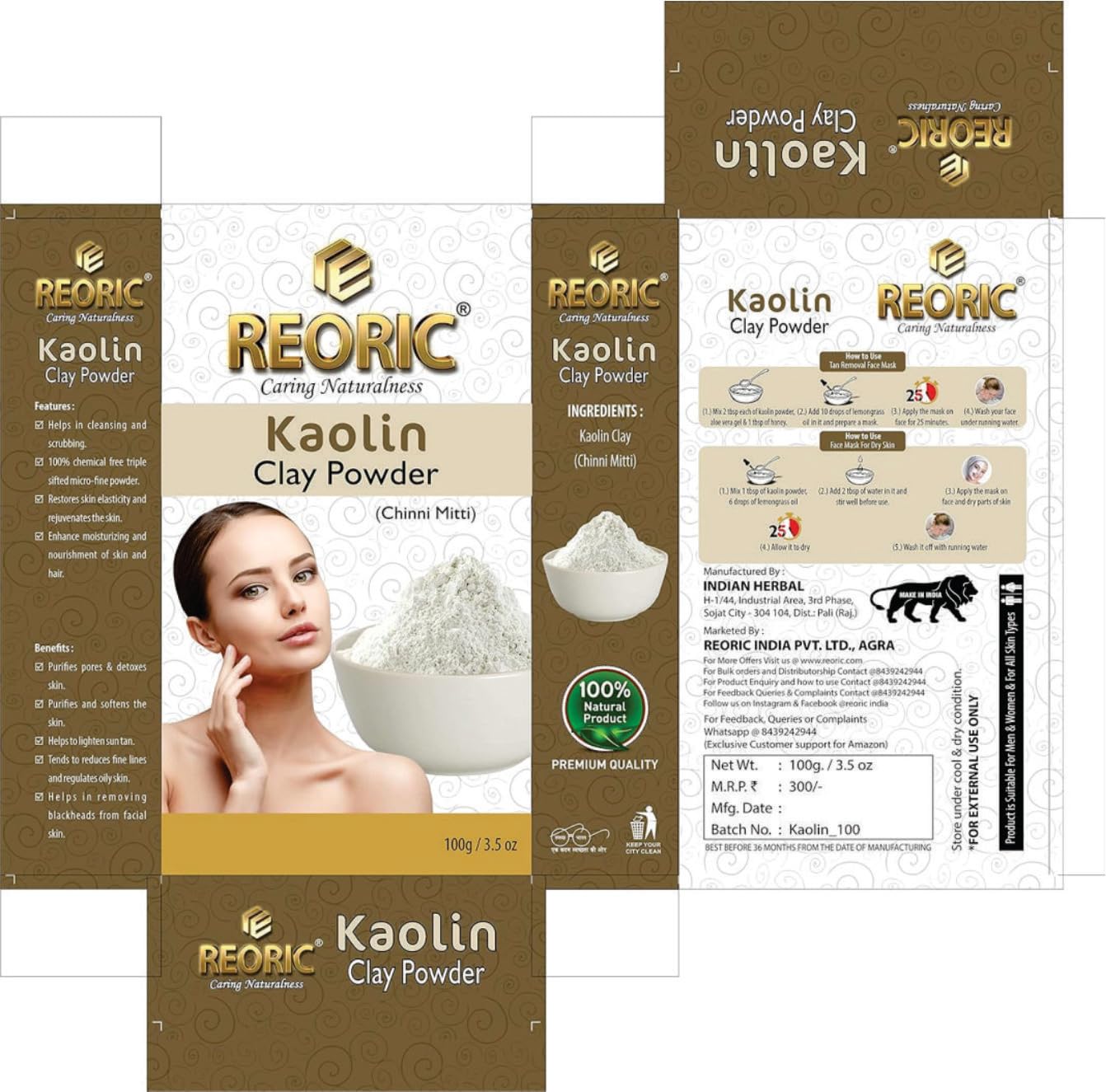 Reoric Kaolin Clay Powder - 100% Pure White Kaolin Clay for Skin Whitening & Brightening | Gentle Face Mask & Facial Cleanser | Natural Chini Mitti Powder (100g, Pack of 1) | Perfect for DIY Spa, Acne Treatment & Glowing Skin Care Routine